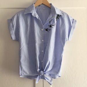 Blue and white striped, collared blouse